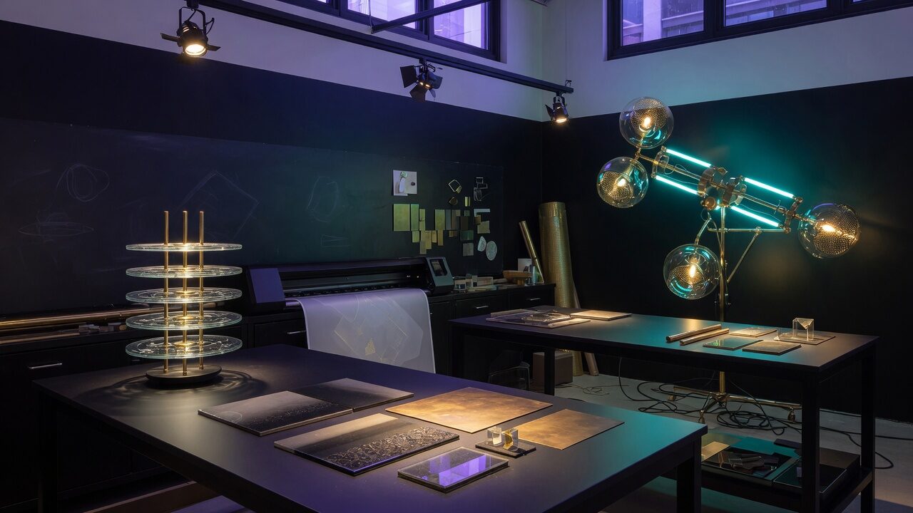 Night studio with glass and brass lighting prototypes on black worktables.