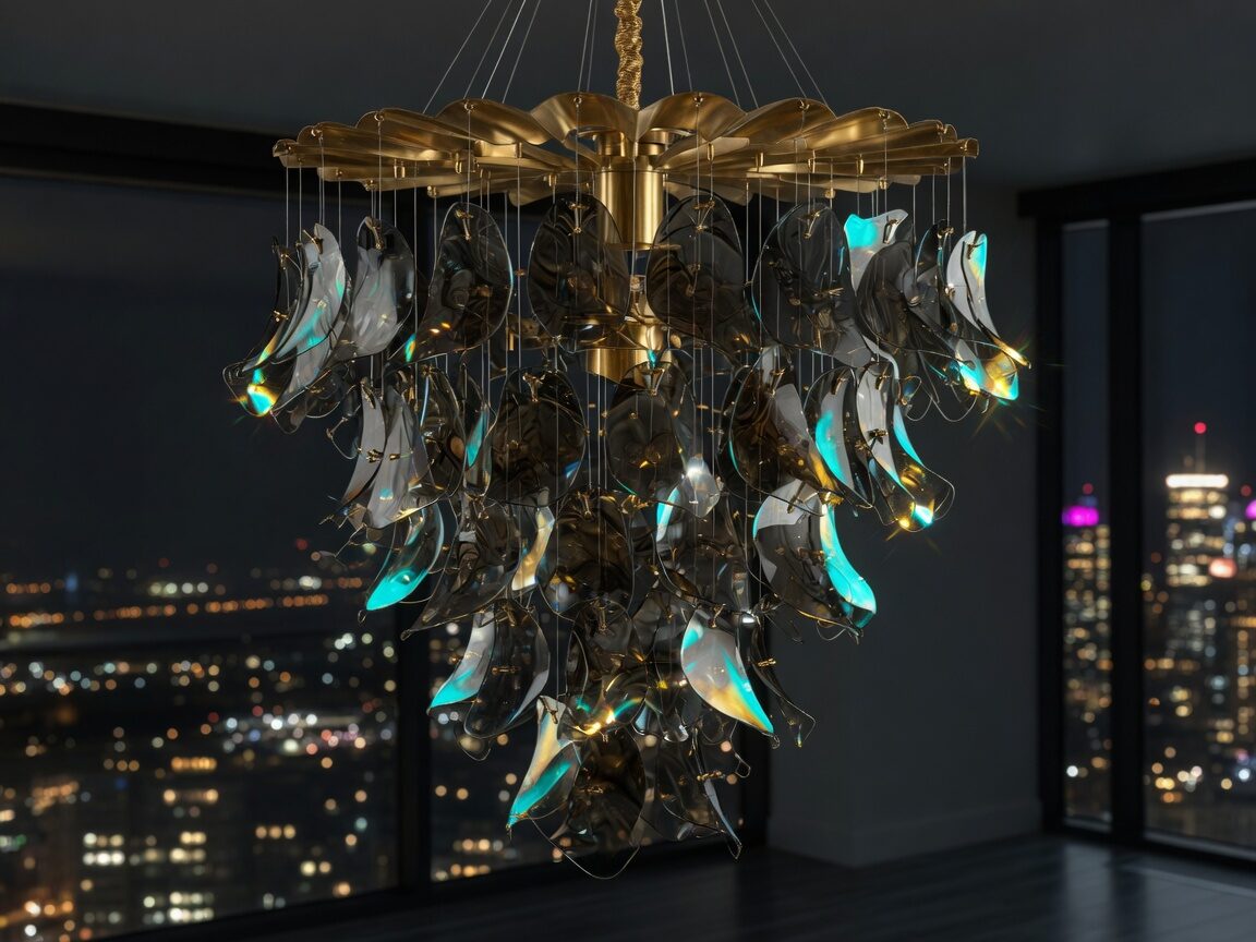 Halo chandelier of smoked glass petals over a night city.