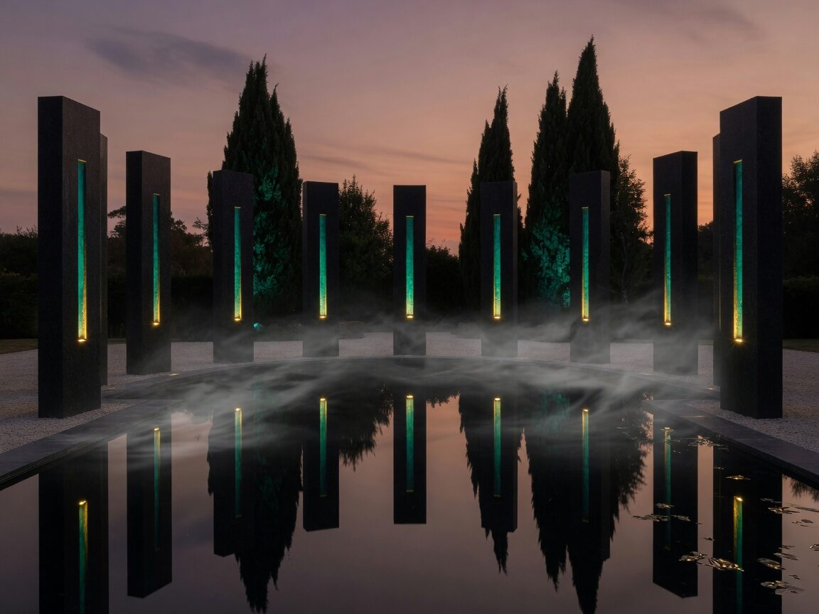 Monolith courtyard of black stone pillars with vertical slits of teal light at dusk.